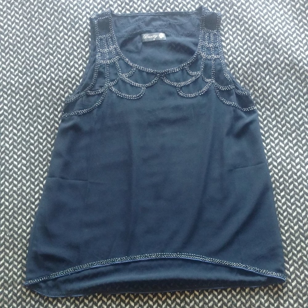 Beaded Navy Blue Sleeveless Blouse 1920's Style